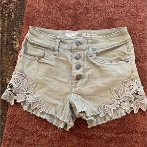 Crochet Detail High Rise Stretch Cotton Button Fly Jean Shorts